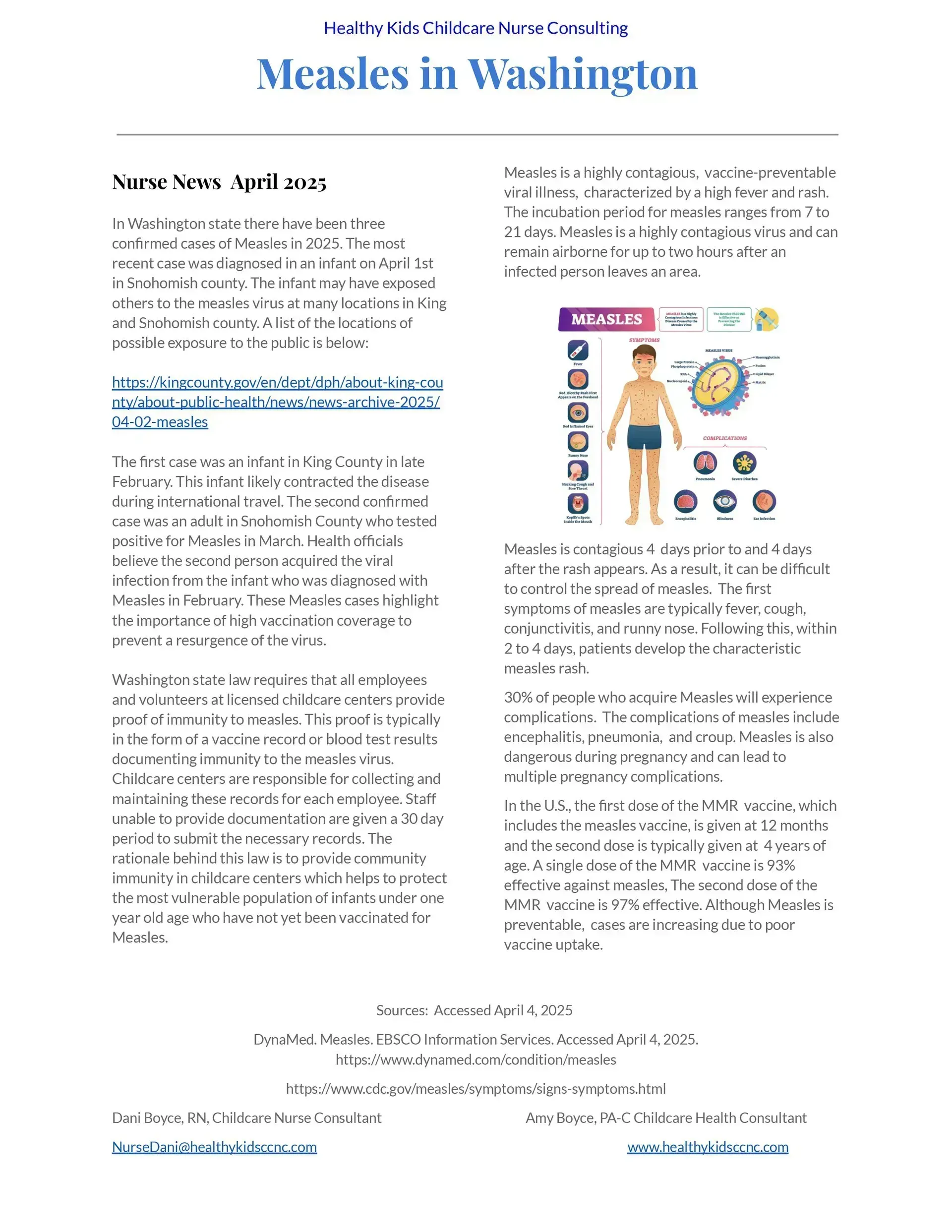 A health pamphlet titled “Measles in Washington” with text and a child vaccination infographic.