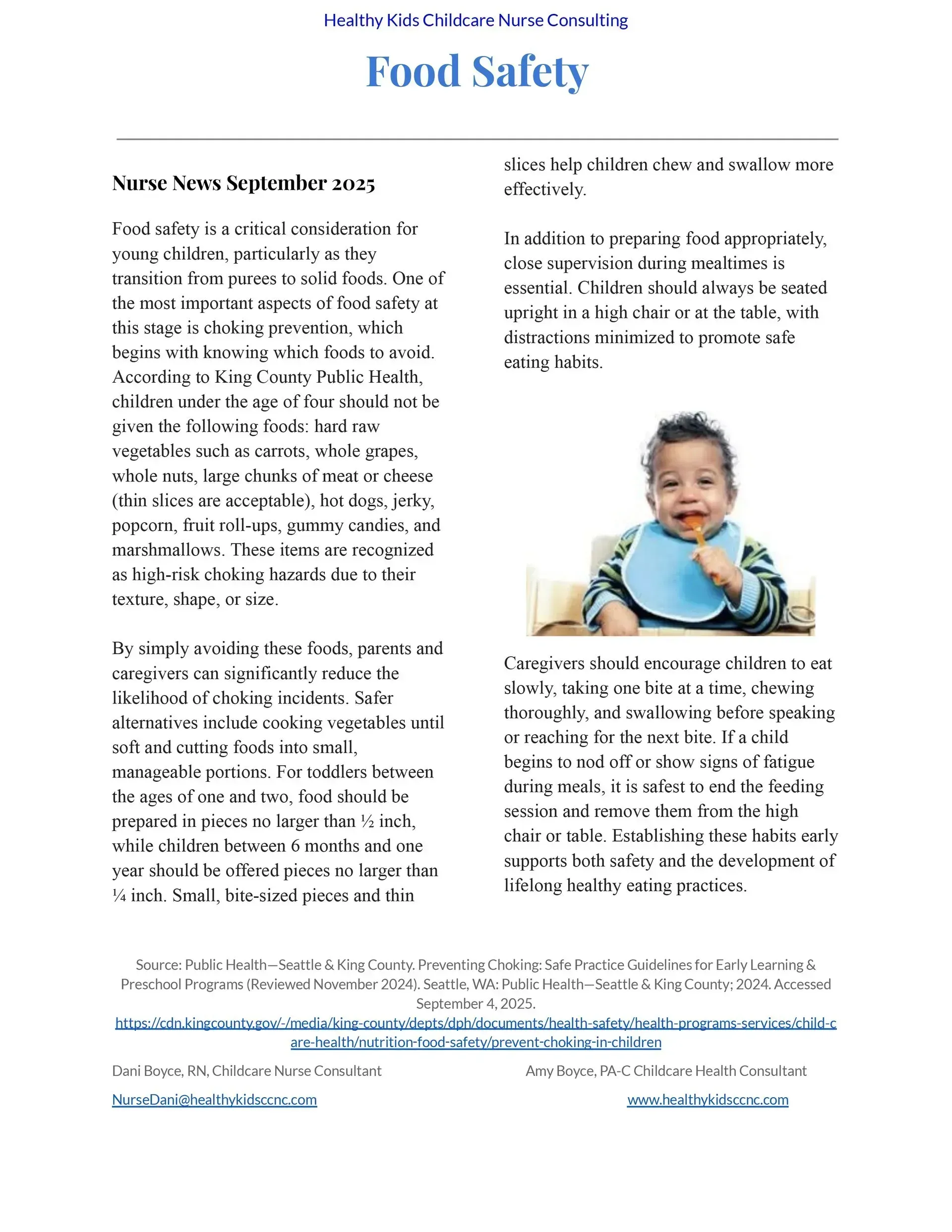 Food Safety article page with text and a baby sitting in a high chair eating with a spoon