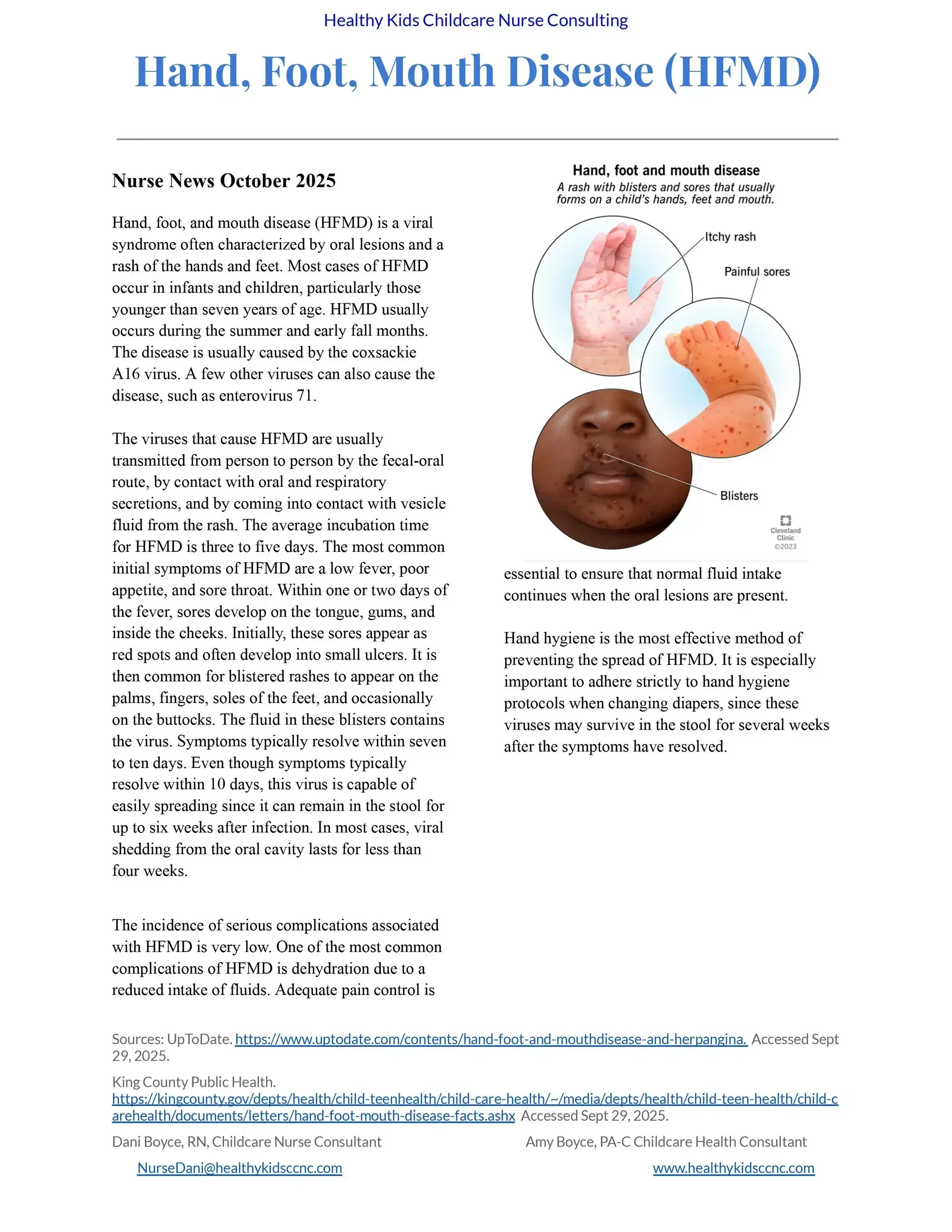 Hand, Foot, and Mouth Disease fact sheet with a child photo and body rash illustrations