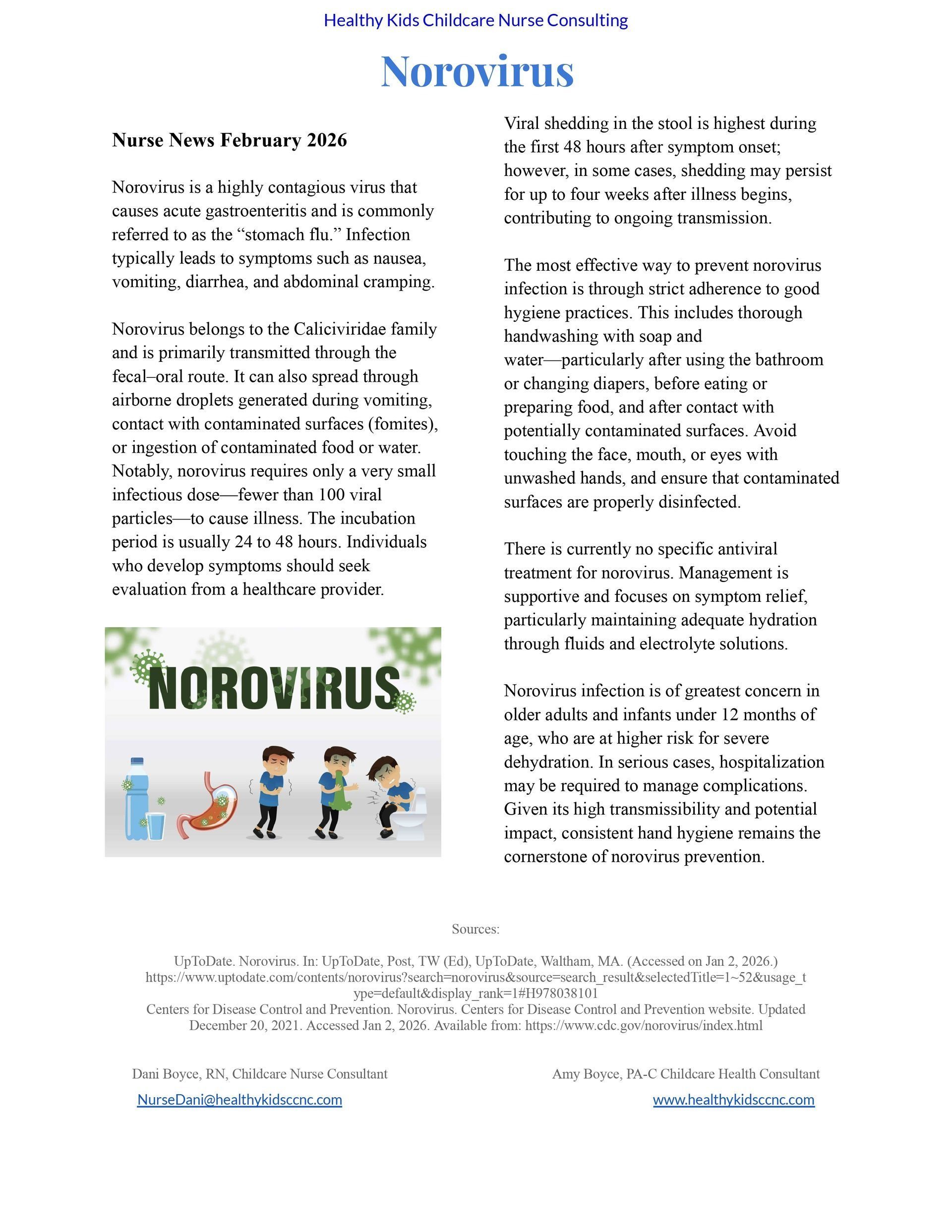 Norovirus informational flyer with text columns and a cartoon of people washing hands and staying apart