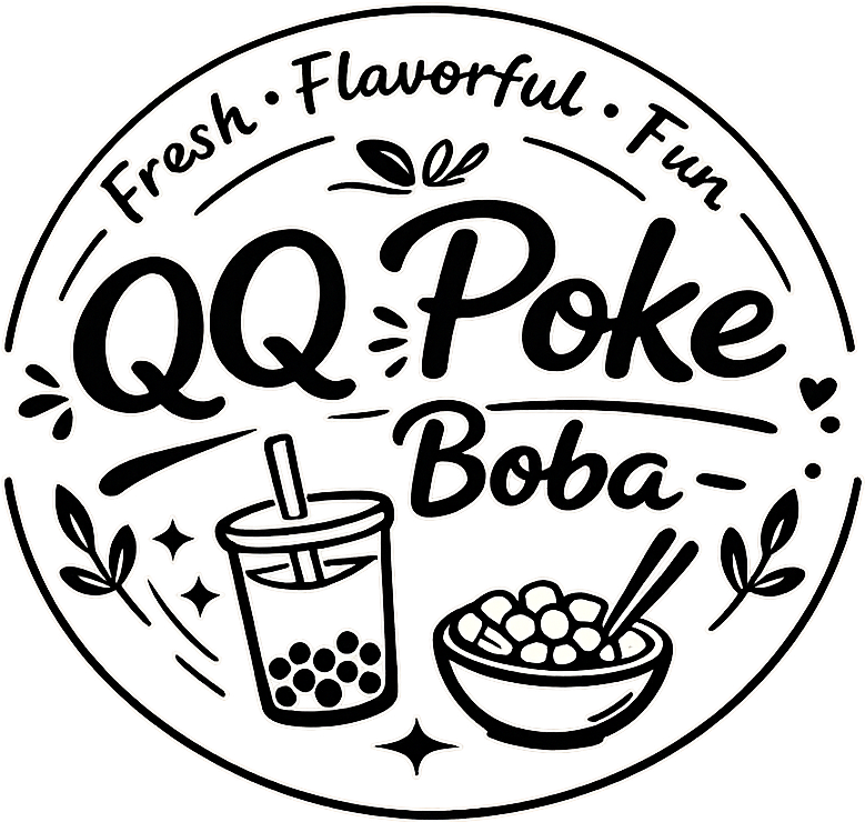 Black-and-white QQ Poke Boba logo with text, tea cup, boba bowl, and fresh/flavorful/fun slogan