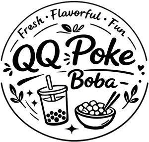 Black-and-white QQ Poke Boba logo with text, tea cup, boba bowl, and fresh/flavorful/fun slogan