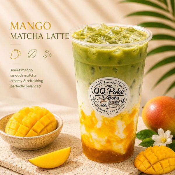 Mango matcha latte with mango chunks and sliced fruit in a bright café-style product ad.