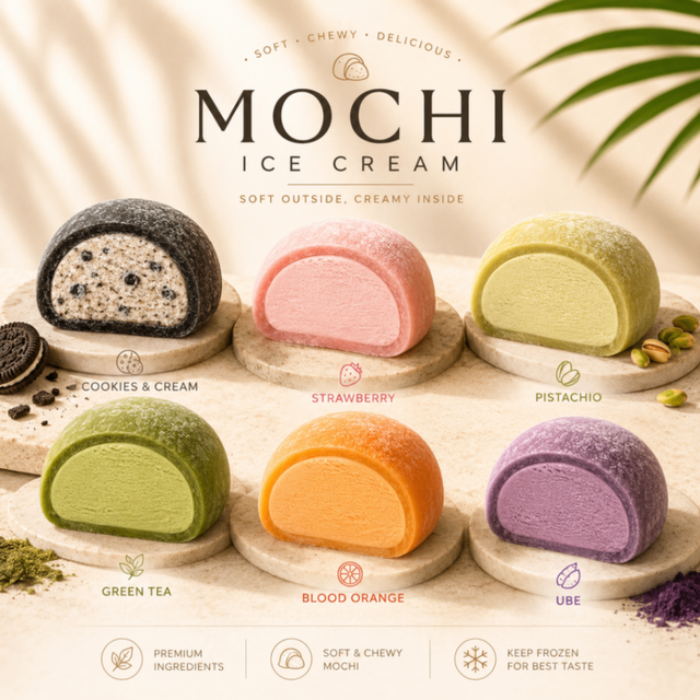 Assorted mochi ice cream balls in six flavors on a light background, labeled with flavors.