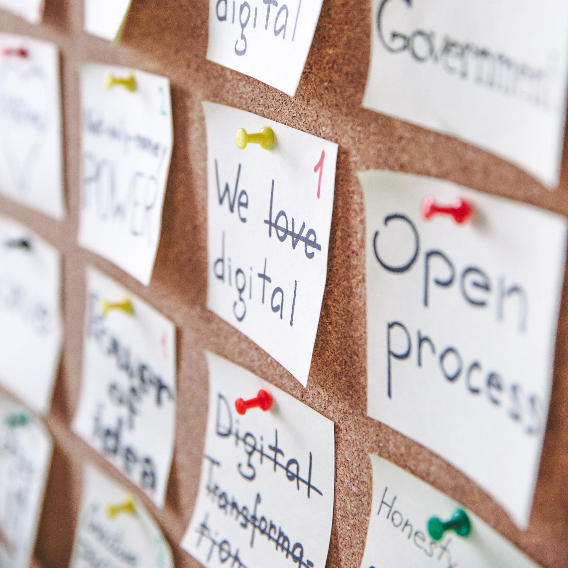 a cork board with sticky notes pinned to it including one that says we love digital