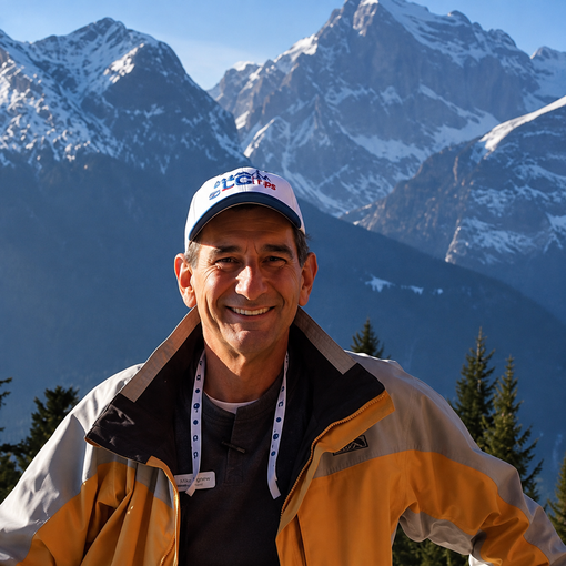 Smiling hiker in orange jacket and cap with snowy mountains in the background