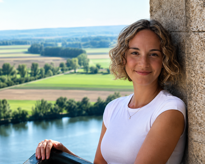Person leaning against a stone wall, smiling over a river and green countryside landscape.