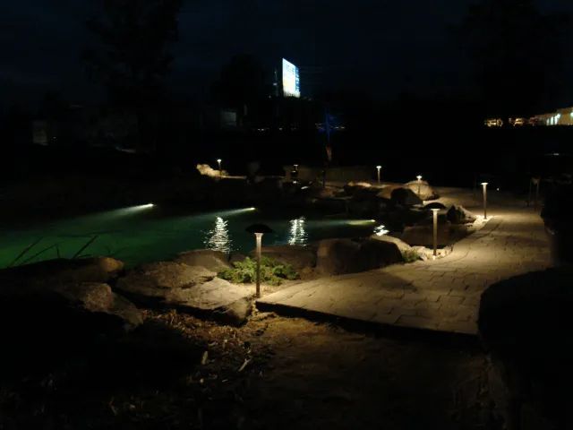 Nighttime view of a pond with illuminated fountains, rock formations, and pathway lights.
