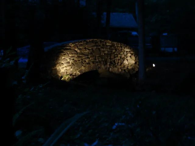 Stone arch illuminated at night. Dark surroundings with foliage.