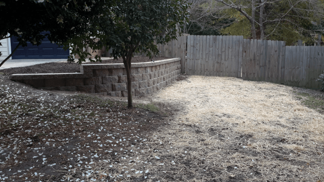 A brown block retaining wall beside a bare yard, fence in background, tree in the middle.