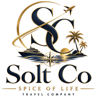 Luxury Solt Co logo with gold monogram, palm trees, ship, and compass; “Spice of Life” tagline.