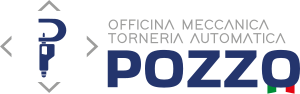 Logo per Pozzo, un'officina meccanica italiana. Testo e un attrezzo stilizzato in blu scuro, con dettagli della bandiera italiana.