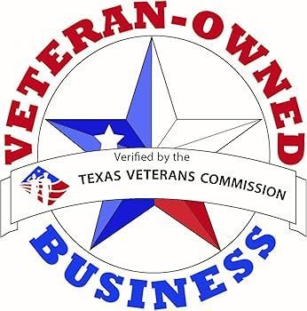 Veteran-owned business seal. Blue and red star inside a circle, text