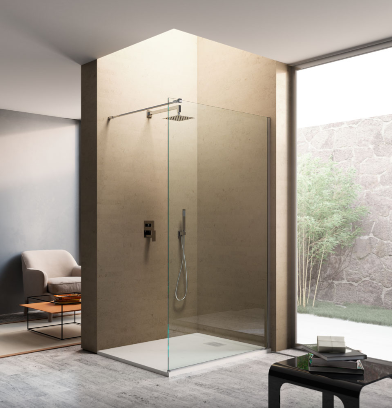 Una moderna cabina doccia con pannello in vetro, soffione a pioggia e comandi a parete, in una camera da letto dallo stile minimalista.