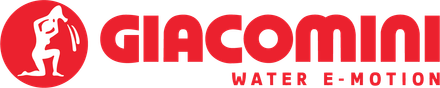 Logo rosso per Giacomini con la silhouette di una persona inginocchiata che versa acqua, e la scritta 