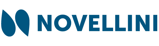 Il logo blu di Novellini, con il nome dell'azienda in un carattere audace accanto a un'icona stilizzata di due gocce d'acqua blu.