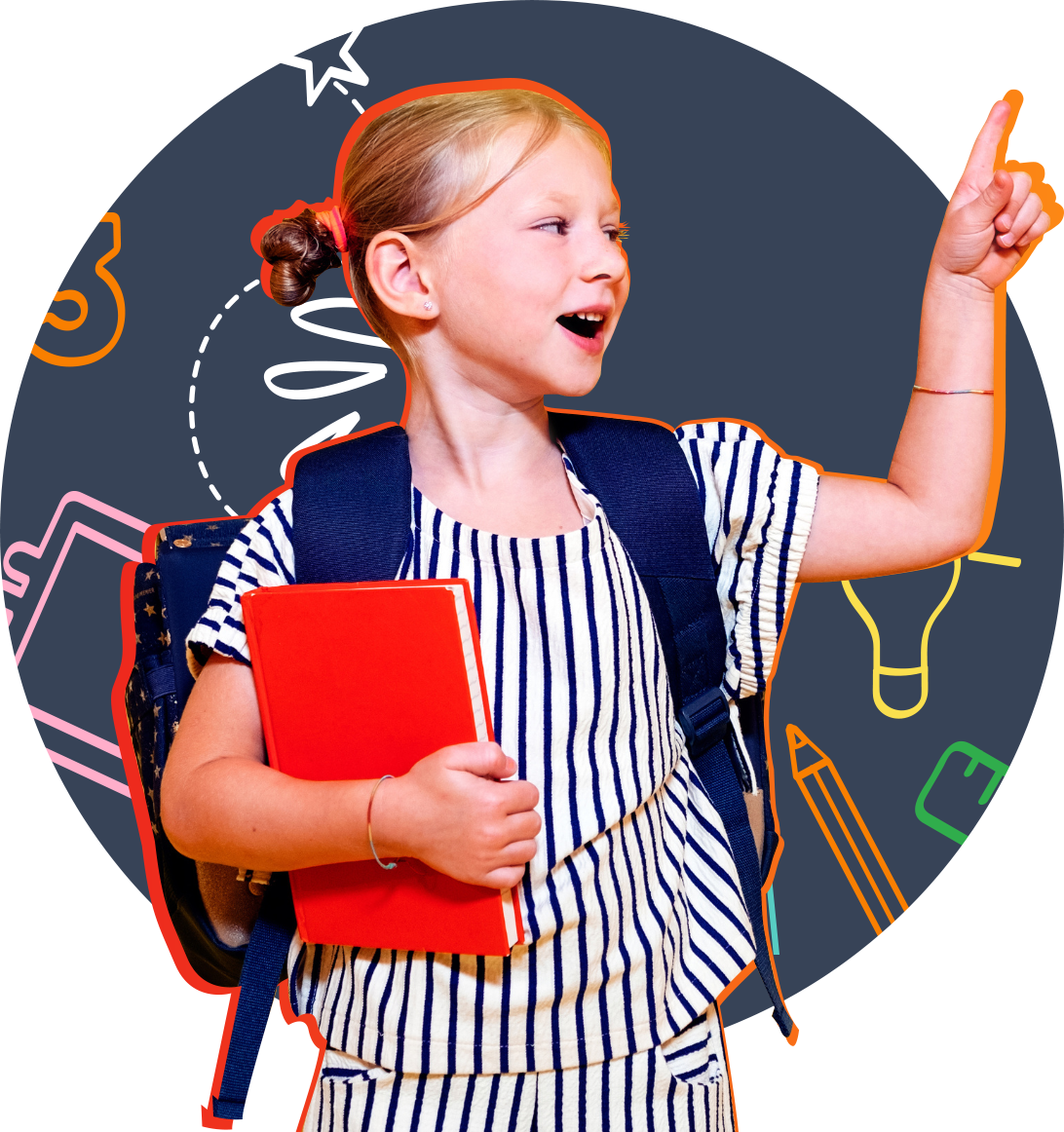 A little girl with a backpack is holding a red book and pointing up.
