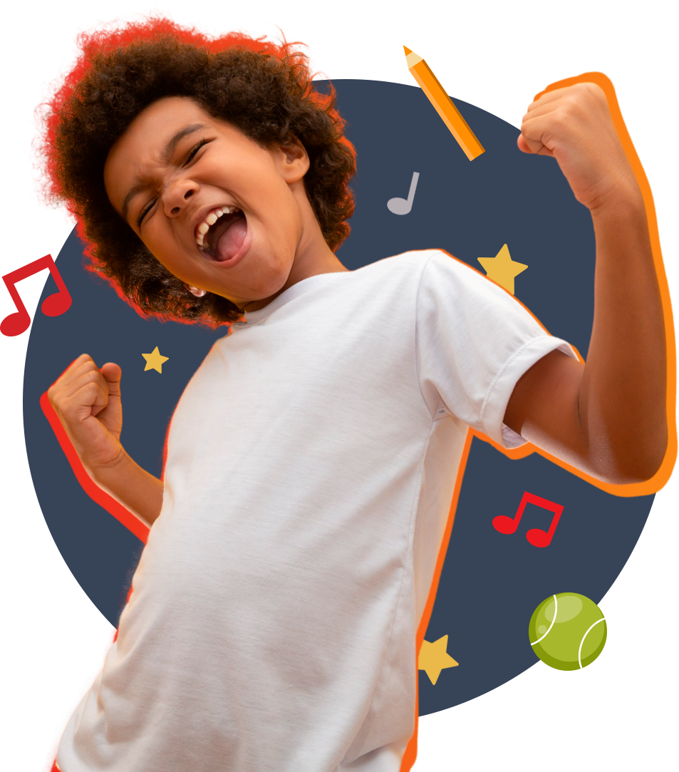 A young boy in a white shirt is flexing his muscles