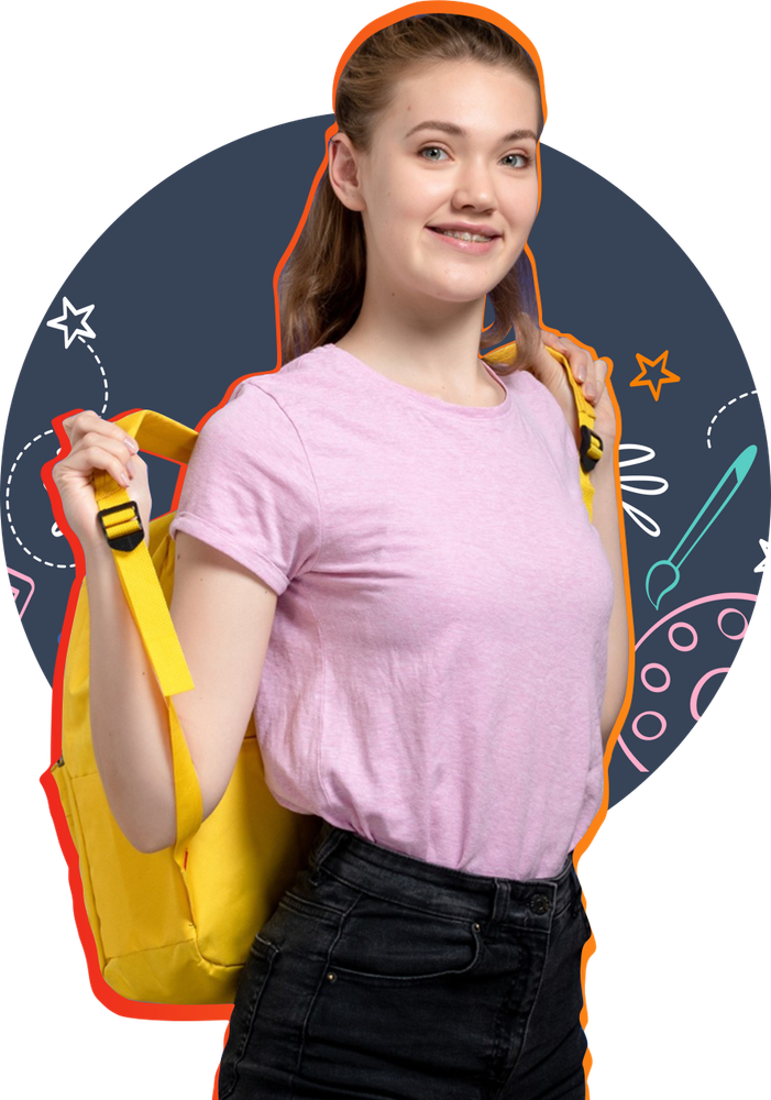 A woman in a pink shirt is carrying a yellow backpack.