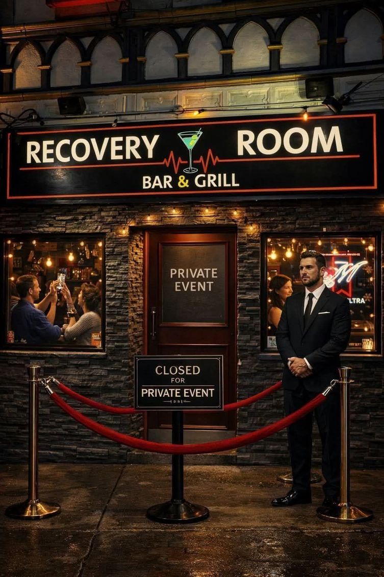 A neon sign for the recovery room bar and grill