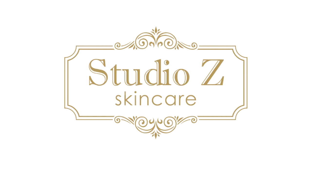 A logo for studio z skincare with a gold frame on a white background.