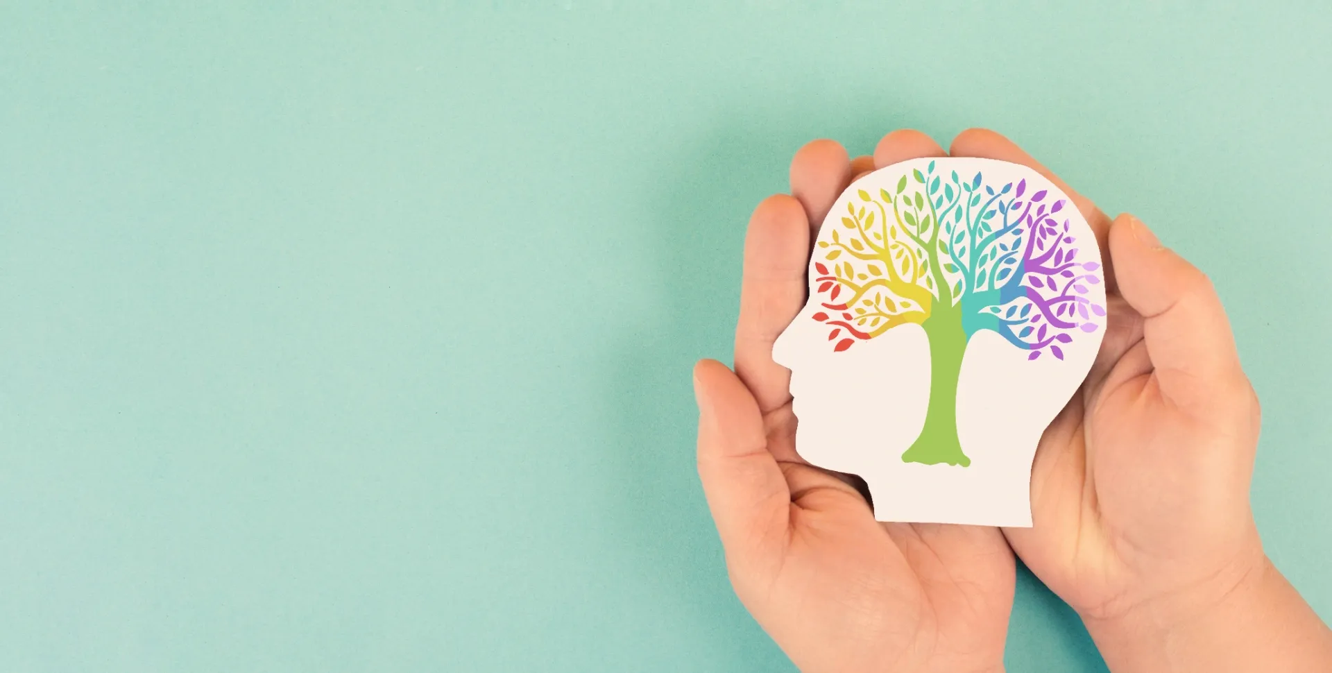 Hands hold a paper cutout of a profile of a human head containing a colorful tree against a light blue background. — Moreton Bay Therapy in Deception Bay, QLD