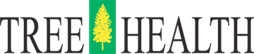 A logo for tree health with a pine tree on a green background.