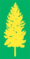 A yellow evergreen tree icon on a green background.
