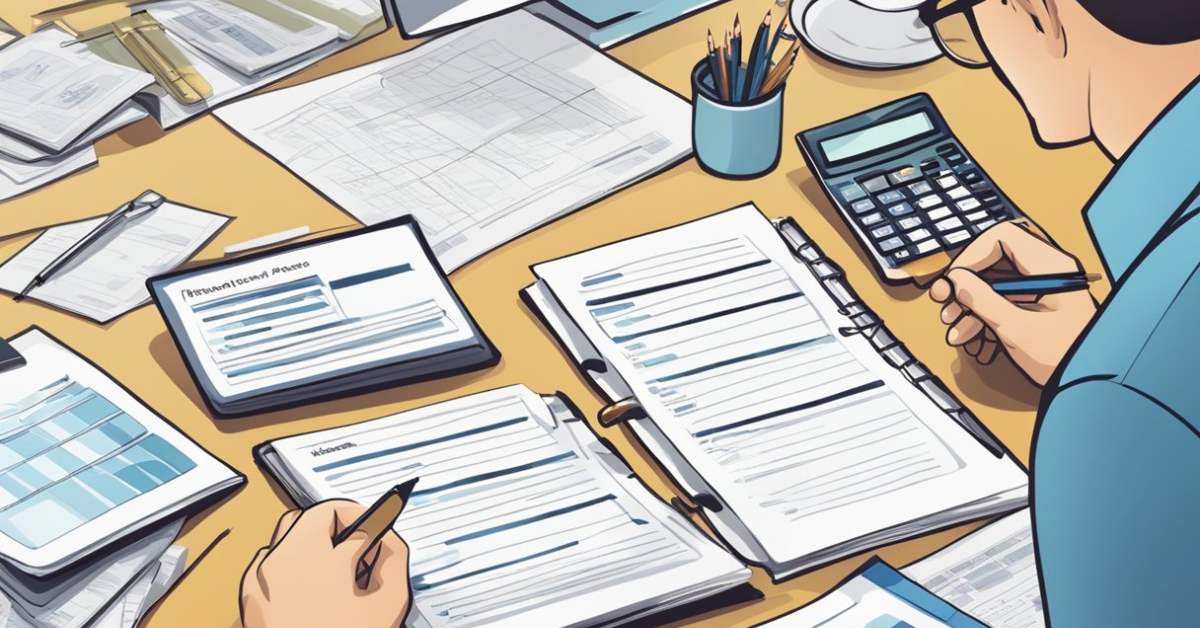 Financial planner sits at a desk and reviews documents with a calculator nearby.