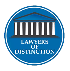 a logo for lawyers of distinction with a building in the background