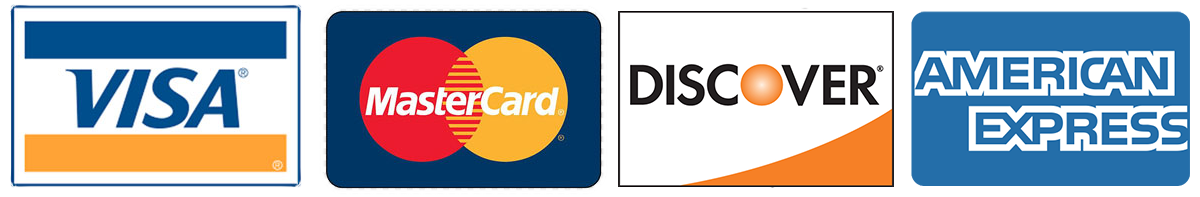 Credit card logos: Visa, MasterCard, Discover, and American Express.
