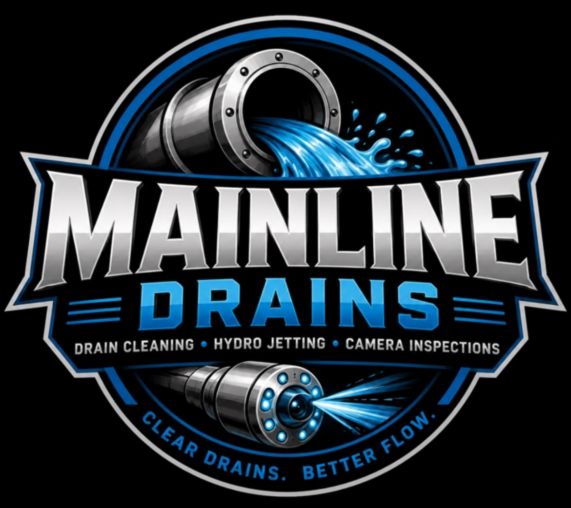 Mainline Drains logo with blue water pipe, silver text, and drain cleaning services tagline
