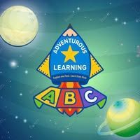 Cartoon rocket with "Adventurous Learning" logo, ABC letters, and planets in space.