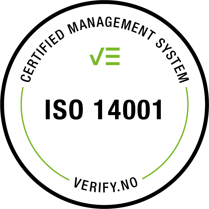 ISO 14001 certification logo. Green and black circular design with text 