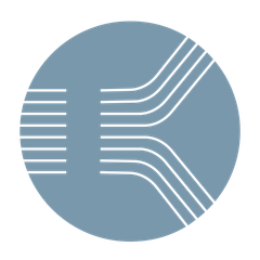 Blue circle with white stylized letter