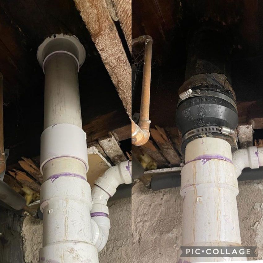 A collage of two pictures of pipes in a basement