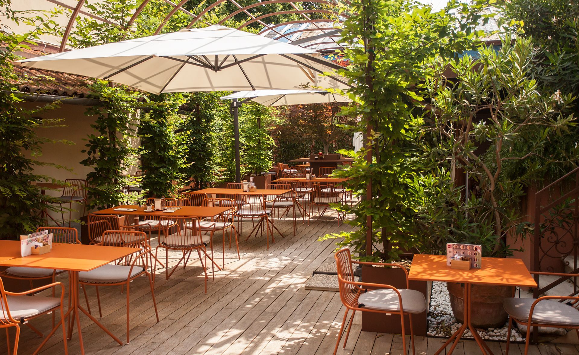 Terrazza esterna soleggiata del caffè con tavoli in legno, sedie, ombrelloni e rigogliose piante rampicanti.