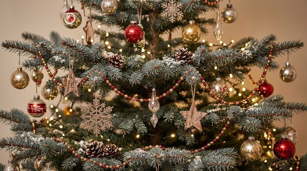Heavy ornaments hanging on a Colorado blue spruce