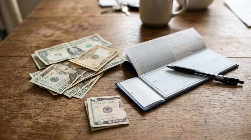 Cash and checkbook for paying at a Christmas tree farm