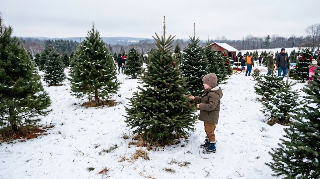Child choosing a Christmas tree in the field