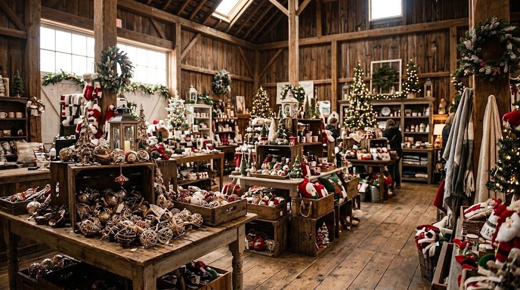 Christmas ornaments and country decor in a barn gift shop