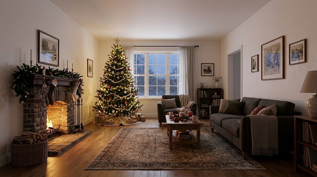Christmas tree placed away from a fireplace