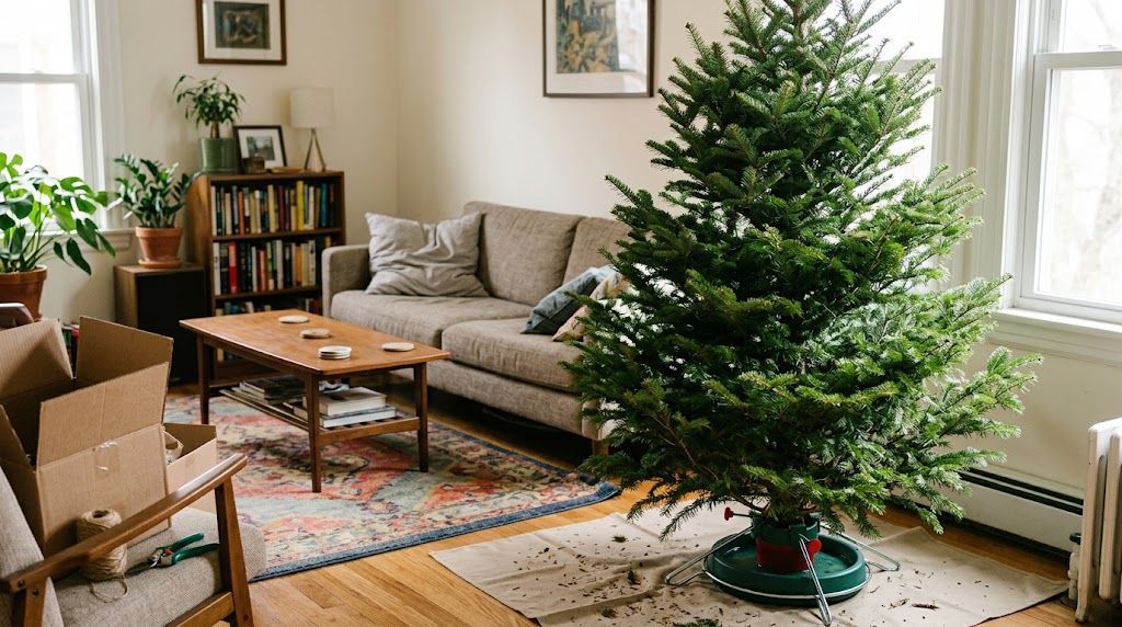 Fresh-cut Christmas tree in a stand at home