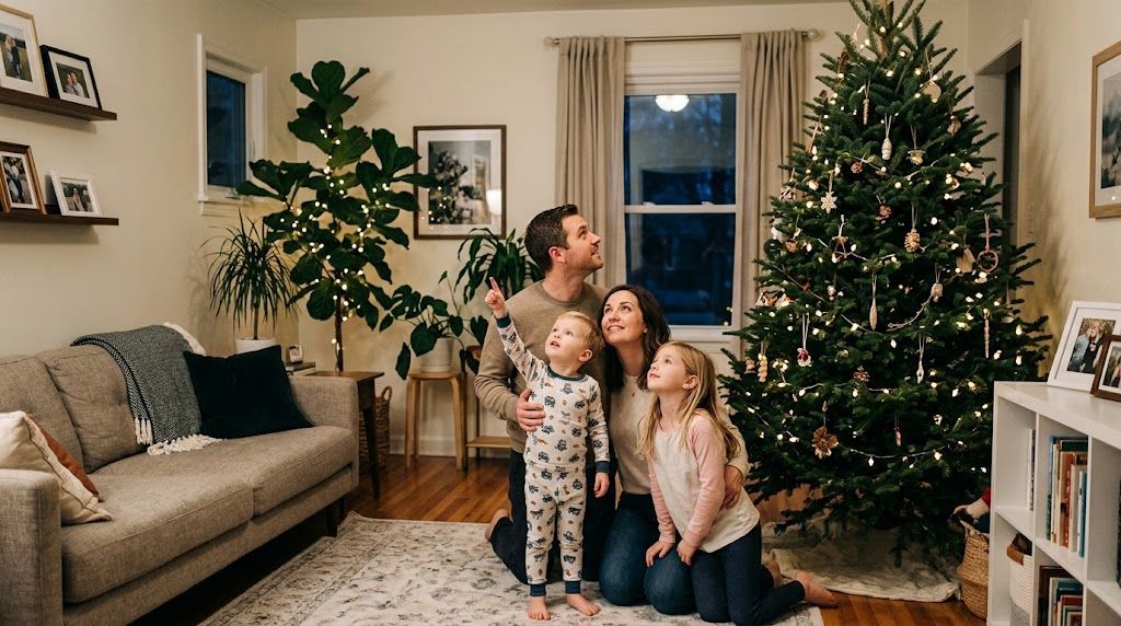 Family choosing the perfect Christmas tree for the living room