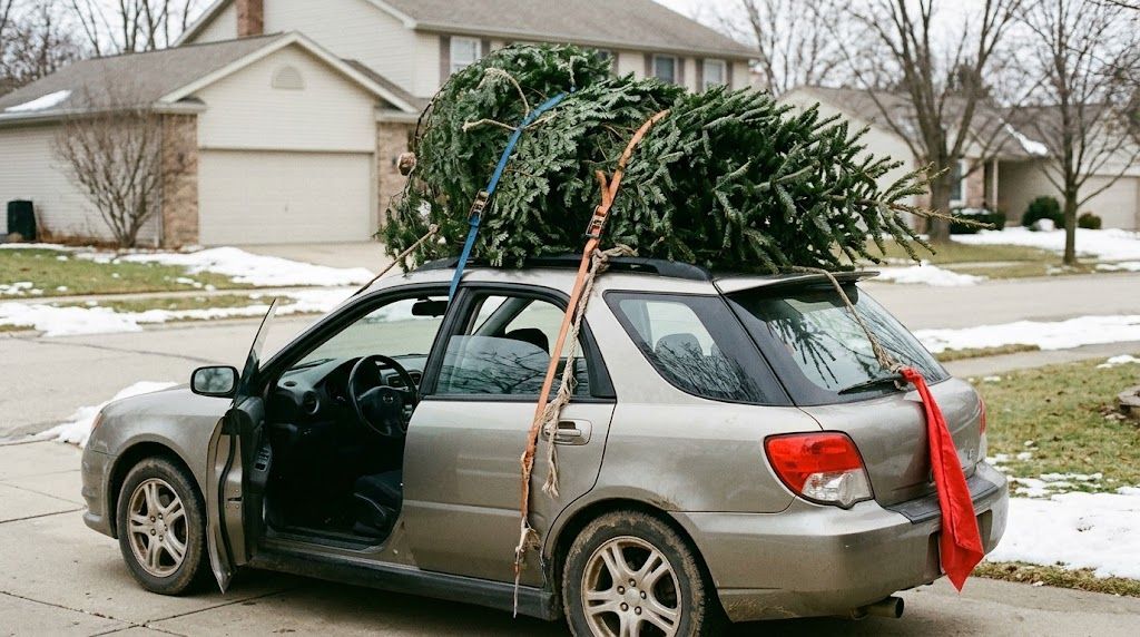 Christmas tree tied to a car roof