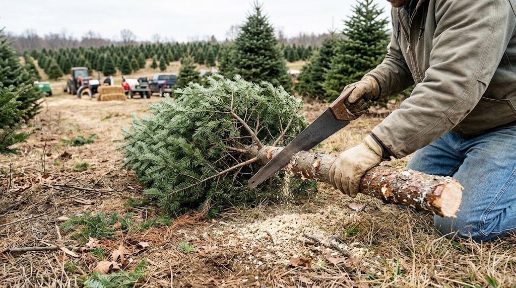 Making a fresh cut on a Christmas tree trunk