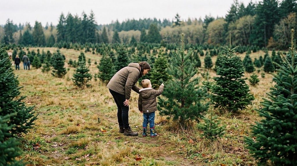 Parent and child choosing a cut-your-own Christmas tree