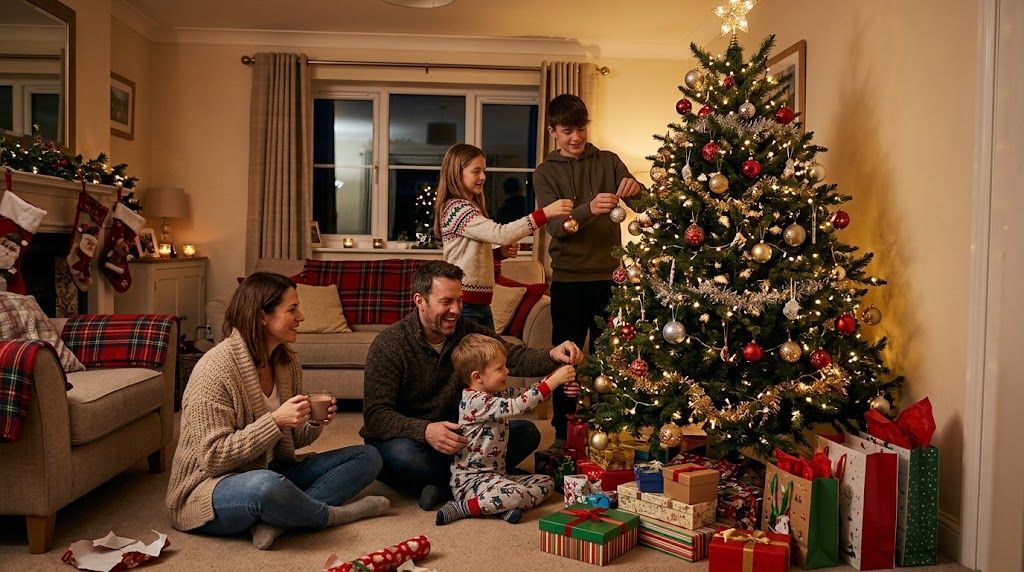 Family decorating their Christmas tree at home