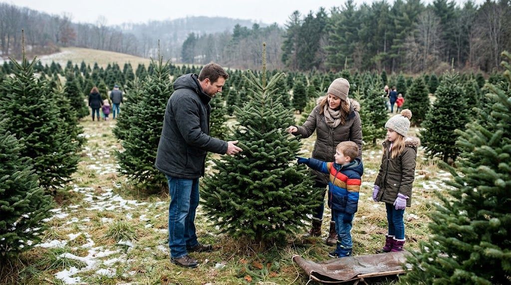 Family picking the perfect Christmas tree at a tree farm