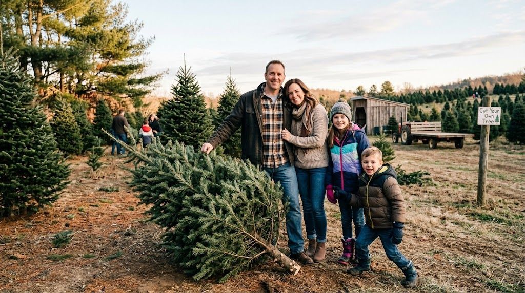 Family posing with their Christmas tree at Buchanan Evergreen Farm
